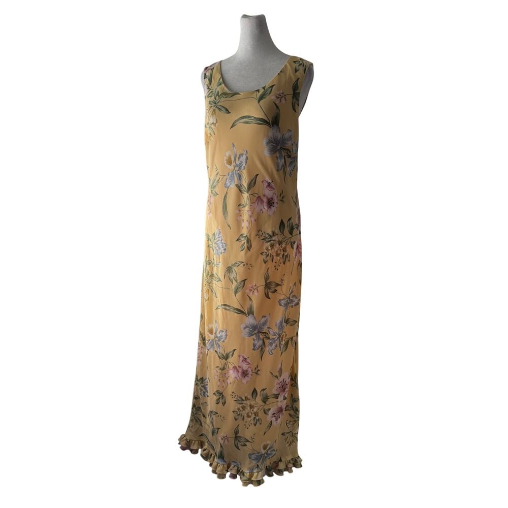 Vintage ‘90s Betsy’s Things Yellow Floral Print Sleeveless Ruffle Hem Maxi Dress